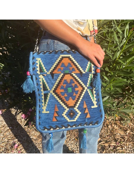 Sac bandoulière de festival Kilim – Bleu ciel