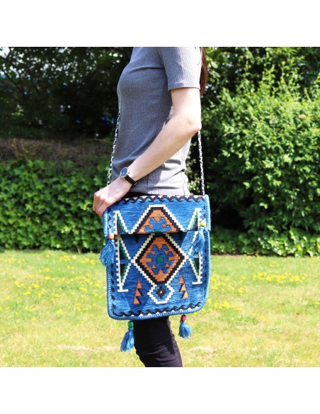 Sac bandoulière de festival Kilim – Bleu ciel