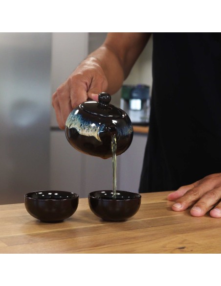Service à thé émaillé noir – Théière & deux tasses