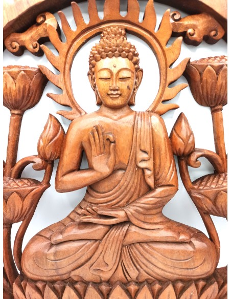 Panneau mural Bouddha & lotus en bois – Éveil zen