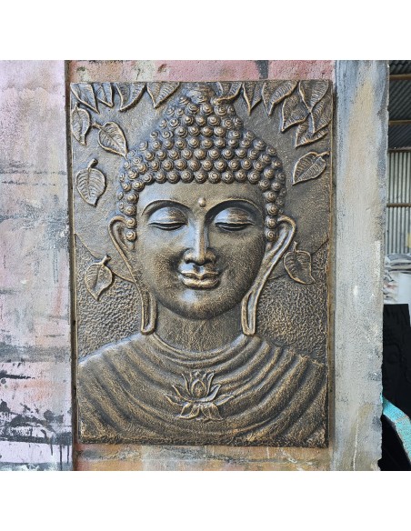 Grand panneau mural Bouddha relief – Or ancien zen