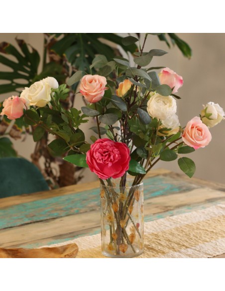 Photophore vase haut en verre floral naturel – Rose