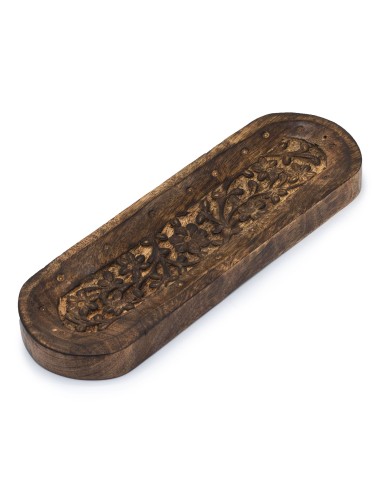 Grand plateau porte?encens en bois de manguier – Motif floral