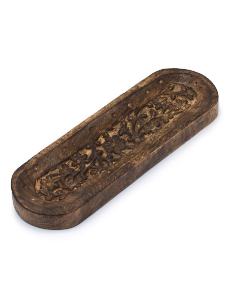 Grand plateau porte?encens en bois de manguier – Motif floral