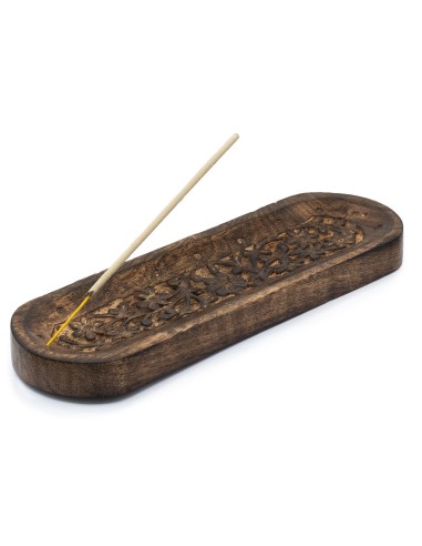 Grand plateau porte?encens en bois de manguier – Motif floral