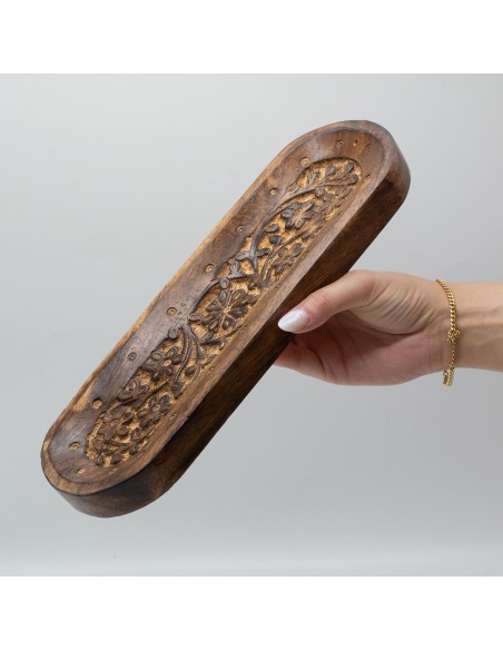 Grand plateau porte?encens en bois de manguier – Motif floral