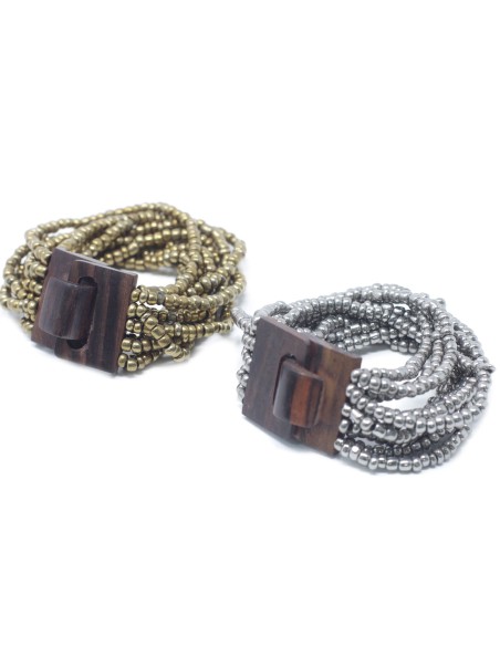 Bracelet multi-perles à fermoir bois – Tons or & bronze