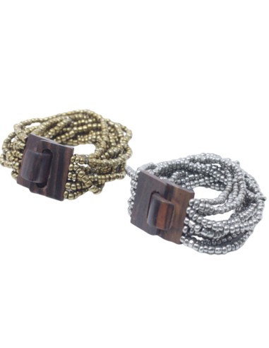 Bracelet multi-perles à fermoir bois – Tons or & bronze