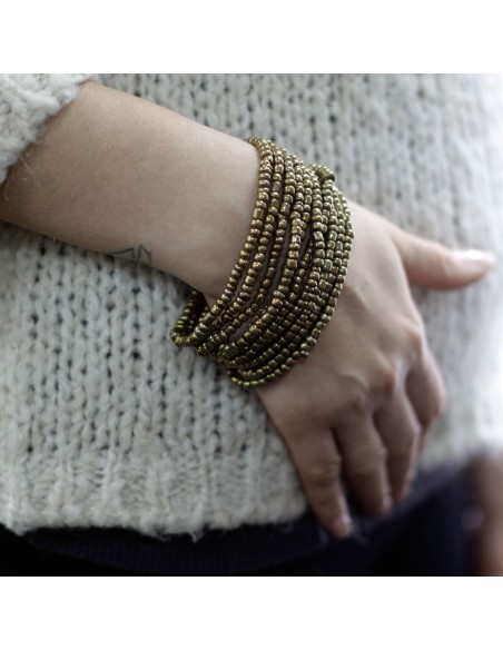 Bracelet multi-perles à fermoir bois – Tons or & bronze