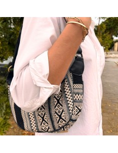 Sac hobo jacquard – Gris urbain (bandoulière noire)