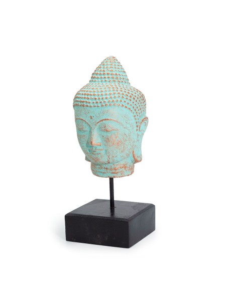 Tête de Buda reposant sur socle - Cuivre vert 30×13×14 cm