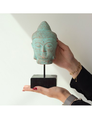 Tête de Buda reposant sur socle - Cuivre vert 30×13×14 cm