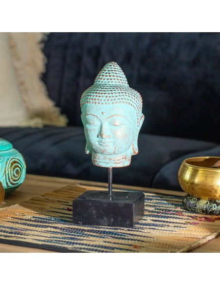 Tête de Buda reposant sur socle - Cuivre vert 30×13×14 cm