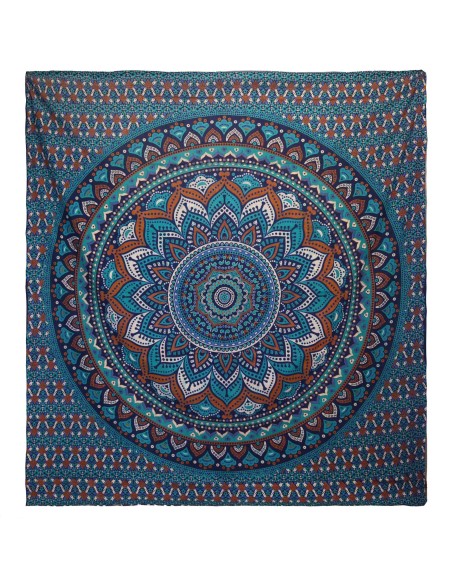 Couvre-lit double coton + tenture murale - Mandala Classique - Turquoise 200×230 cm