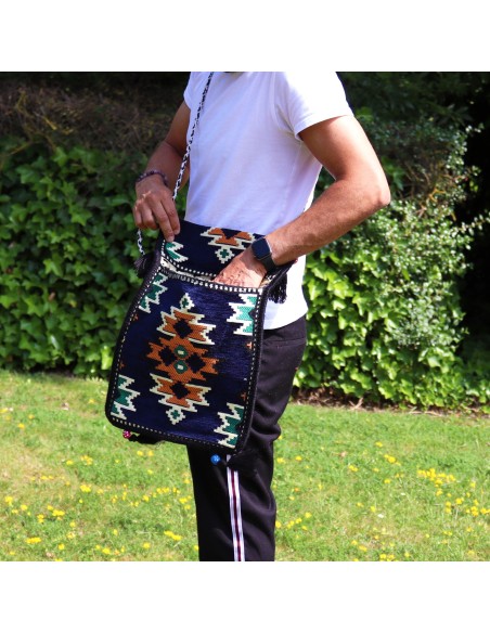 Sac bandoulière de festival Kilim – Bleu marine foncé