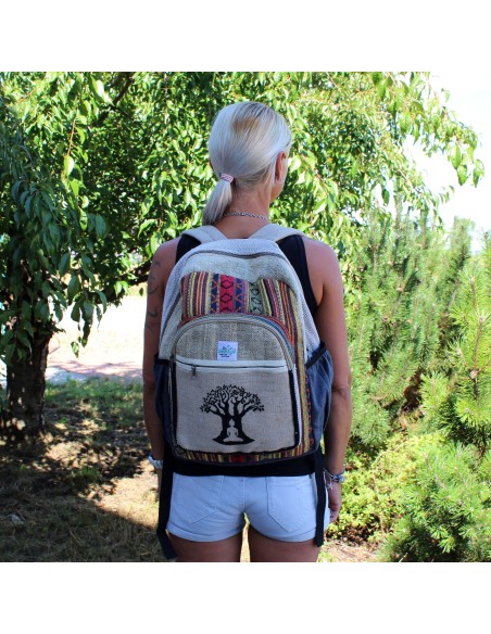 Grand sac à dos en chanvre – Motif Arbre de Bodhi
