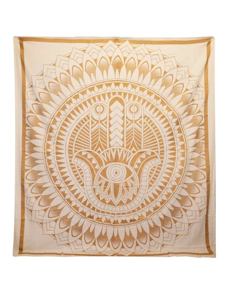 Couvre-lit double coton + tenture - Hamsa - Or blanc 200×230 cm