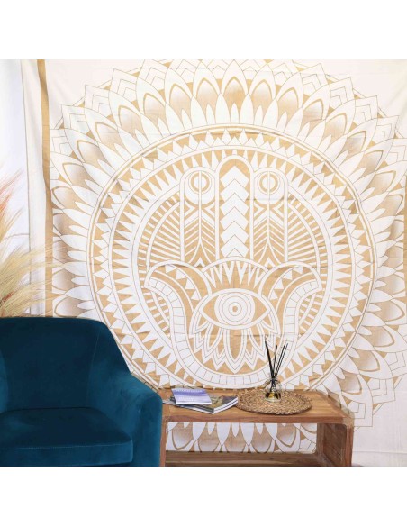 Couvre-lit double coton + tenture - Hamsa - Or blanc 200×230 cm