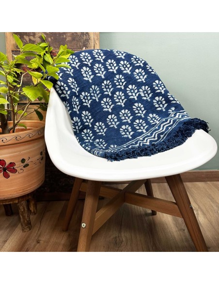 Plaid indigo fait main - Fleur Chhota 170×120 cm