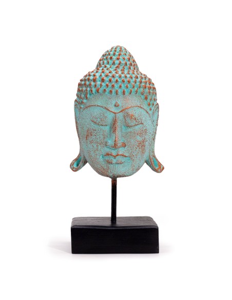 Grande tête de Buda Sérénité sur socle - Cuivre vert 33×18×18 cm