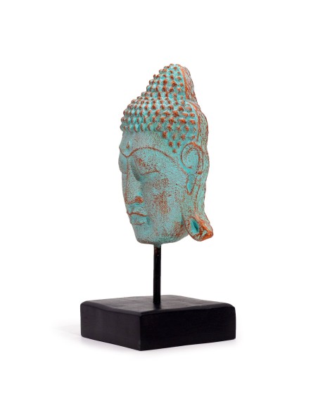 Grande tête de Buda Sérénité sur socle - Cuivre vert 33×18×18 cm