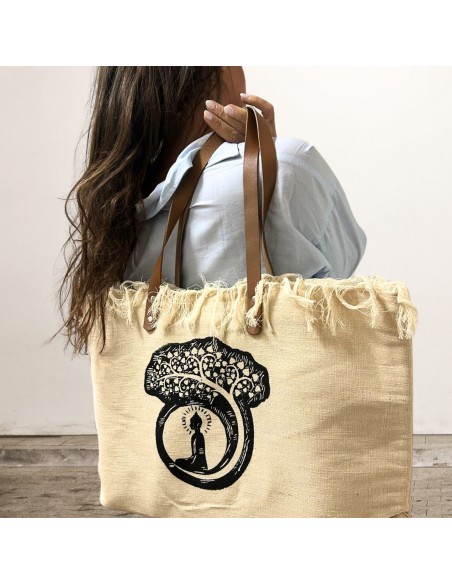Grand sac naturel avec anses en cuir – Motif Bouddha
