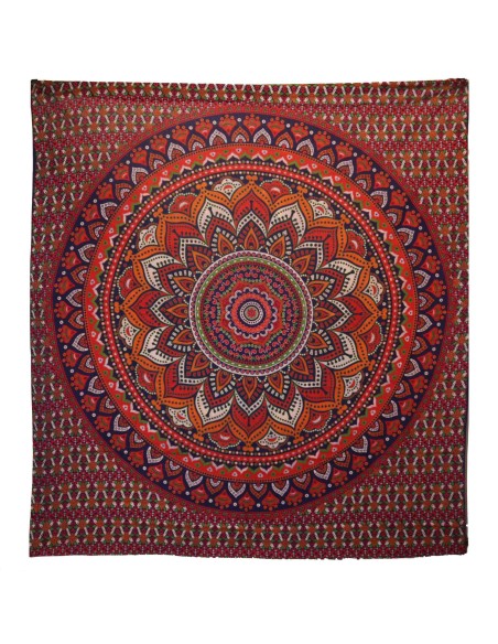 Couvre-lit double coton + tenture - Mandala Classique - Orange / Bleu 200×230 cm