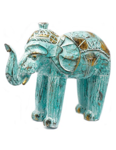 Éléphant sculpté en bois - Or turquoise 8×27×24 cm