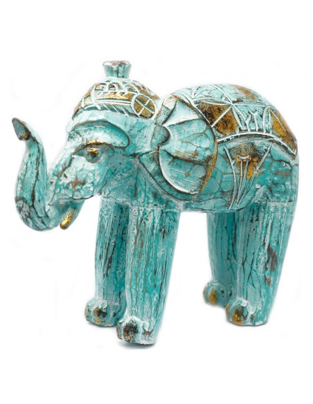 Éléphant sculpté en bois - Or turquoise 8×27×24 cm