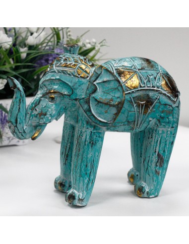 Éléphant sculpté en bois - Or turquoise 8×27×24 cm