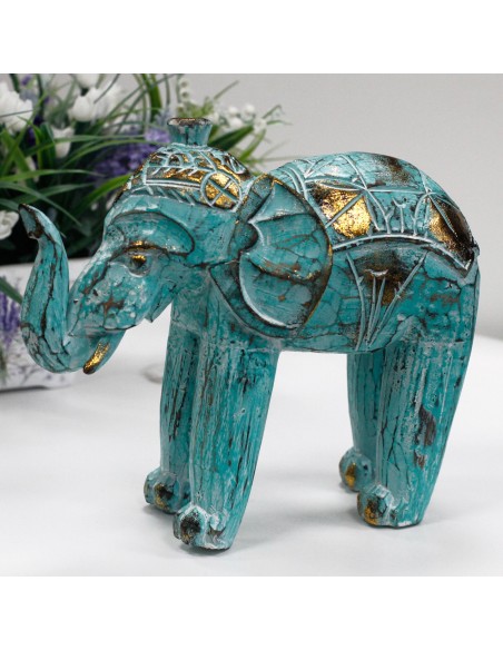 Éléphant sculpté en bois - Or turquoise 8×27×24 cm