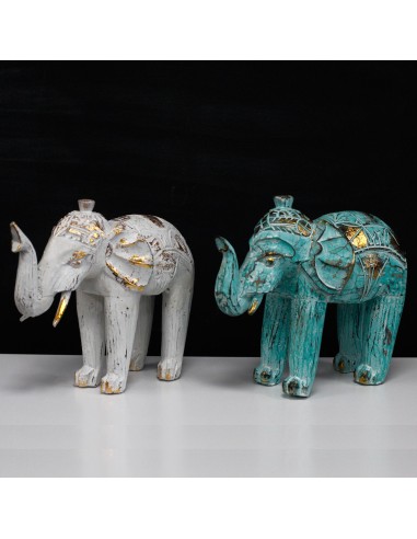 Éléphant sculpté en bois - Or turquoise 8×27×24 cm
