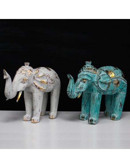 Éléphant sculpté en bois - Or turquoise 8×27×24 cm