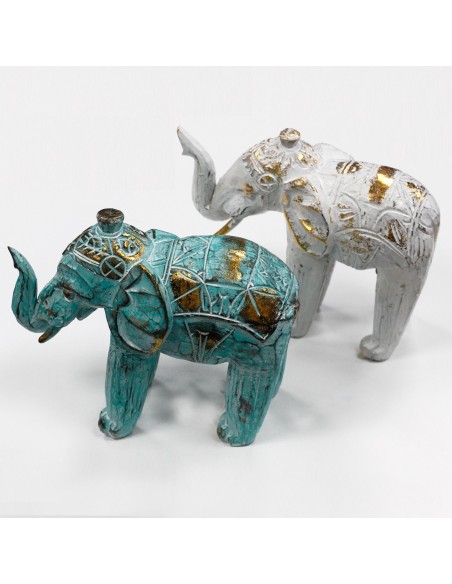Éléphant sculpté en bois - Or turquoise 8×27×24 cm