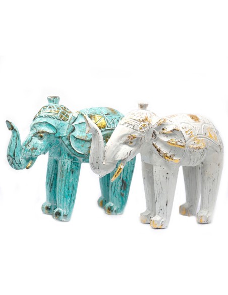 Éléphant sculpté en bois - Or turquoise 8×27×24 cm