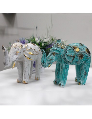 Éléphant sculpté en bois - Or turquoise 8×27×24 cm