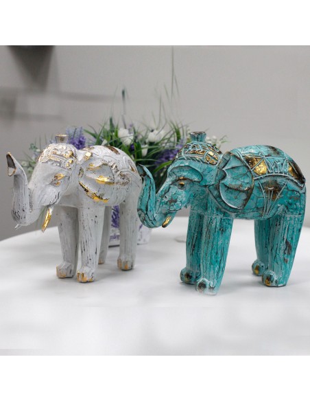 Éléphant sculpté en bois - Or turquoise 8×27×24 cm