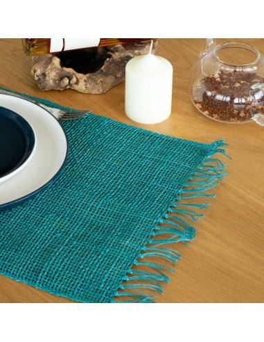 Set de table naturel à franges en jacinthe de mer - Turquoise 57×35 cm