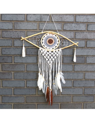 Attrape-rêves macramé - Œil blanc/gris/marron 45×60 cm