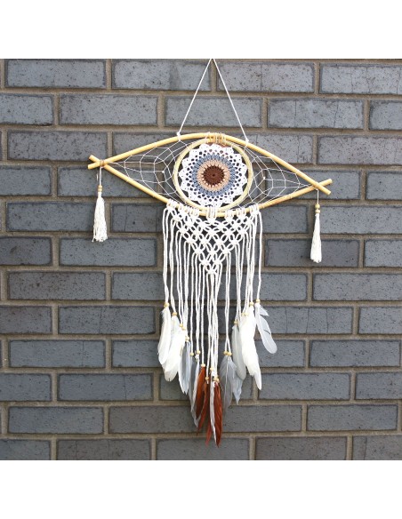 Attrape-rêves macramé - Œil blanc/gris/marron 45×60 cm