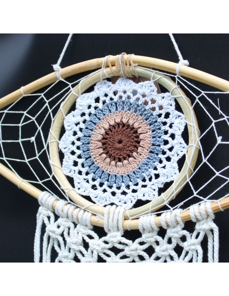 Attrape-rêves macramé - Œil blanc/gris/marron 45×60 cm