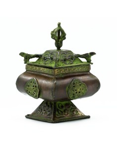 Brûleur tibétain en laiton verdigris – Quatre symboles