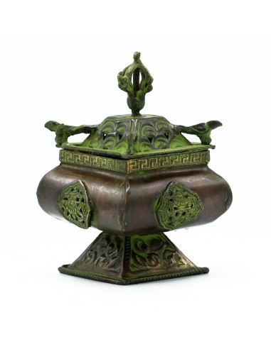 Brûleur tibétain en laiton verdigris – Quatre symboles