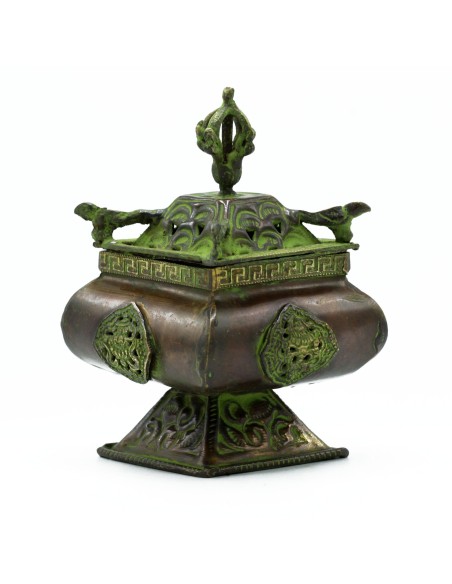 Brûleur tibétain en laiton verdigris – Quatre symboles