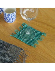 Set 4 dessous de verre à franges - Turquoise 15×11 cm