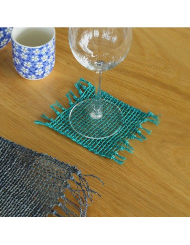Set 4 dessous de verre à franges - Turquoise 15×11 cm