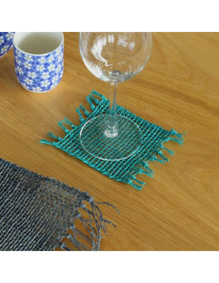 Set 4 dessous de verre à franges - Turquoise 15×11 cm