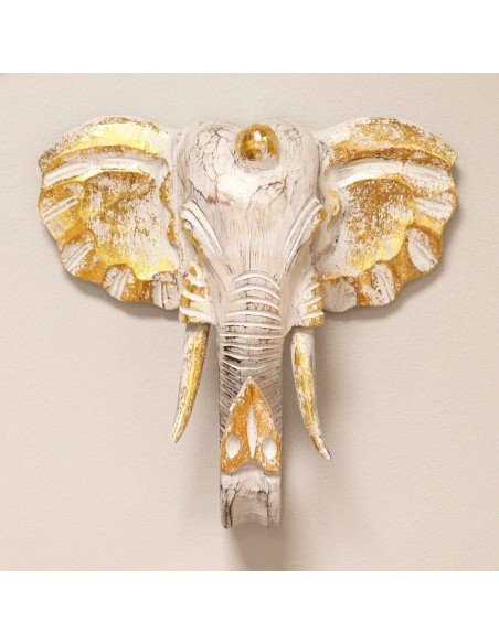 Tête d’éléphant décorative or & blanc – Force et sagesse