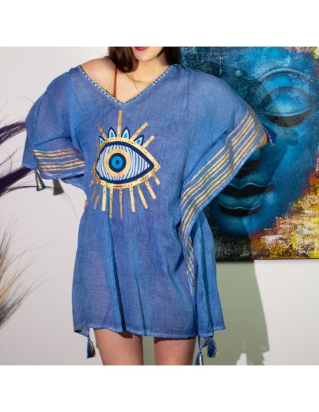 Kaftan Nomad Sari – Œil protecteur bleu & or