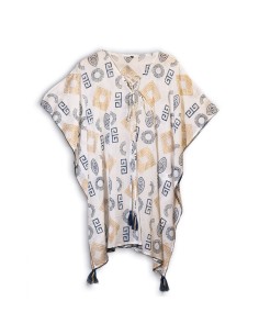 Kaftan nomade sari méditerranéen – Motif grec bleu & or, peint à la main